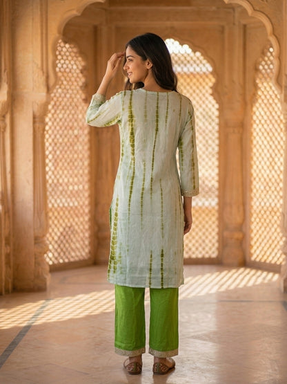 Pista Green Shibori Print Silk Straight Kurta Set with Gota Patti Work, Palazzo & Dupatta