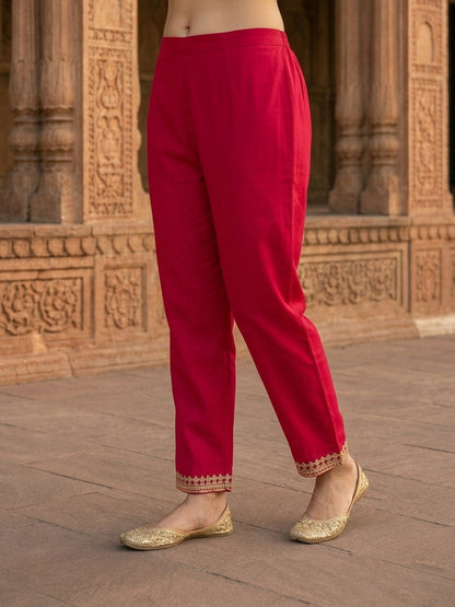 Fuchsia Solid Cotton Straight Kurta Set with Mirror & Dori Work, Pant & Dupatta