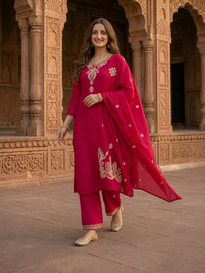 Fuchsia Solid Cotton Straight Kurta Set with Mirror & Dori Work, Pant & Dupatta