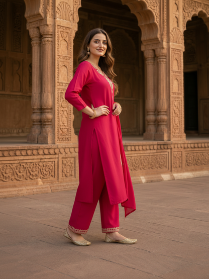 Fuchsia Solid Cotton Straight Kurta Set with Mirror & Dori Work, Pant & Dupatta