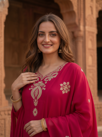 Fuchsia Solid Cotton Straight Kurta Set with Mirror & Dori Work, Pant & Dupatta