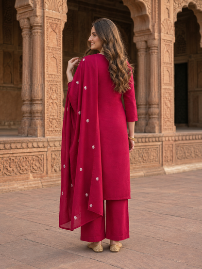 Fuchsia Solid Cotton Straight Kurta Set with Mirror & Dori Work, Pant & Dupatta