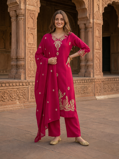 Fuchsia Solid Cotton Straight Kurta Set with Mirror & Dori Work, Pant & Dupatta