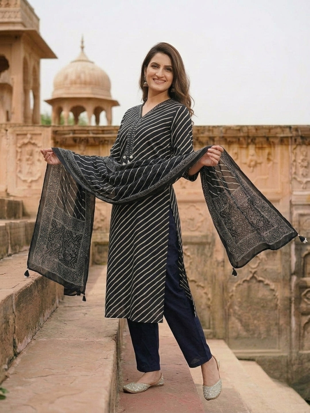 Black Lehariya Print Cotton Straight Kurta Set with Mirror Work, Pant & Dupatta
