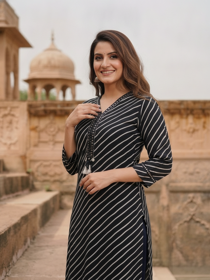 Black Lehariya Print Cotton Straight Kurta Set with Mirror Work, Pant & Dupatta