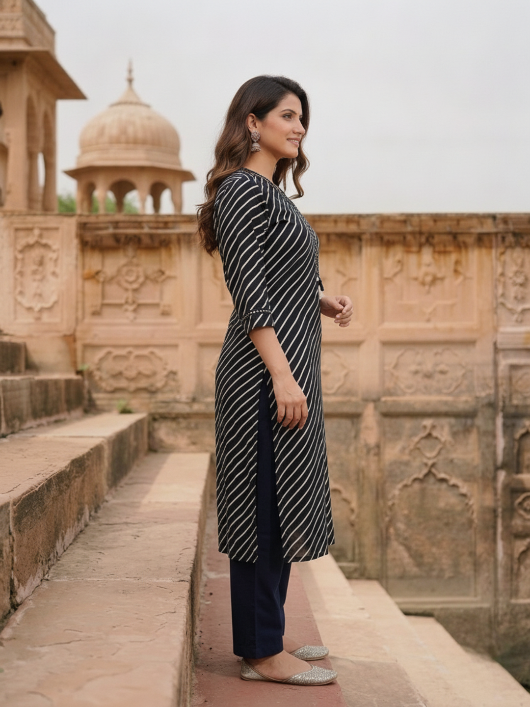 Black Lehariya Print Cotton Straight Kurta Set with Mirror Work, Pant & Dupatta