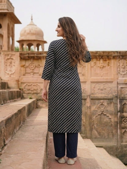 Black Lehariya Print Cotton Straight Kurta Set with Mirror Work, Pant & Dupatta