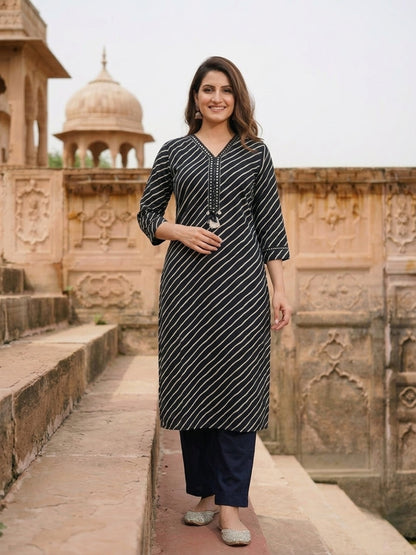 Black Lehariya Print Cotton Straight Kurta Set with Mirror Work, Pant & Dupatta