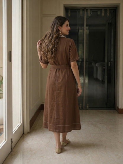Brown Solid Cotton Kaftan Style Maxi Dress with Floral Embroidery, Shirt Collar & Belt