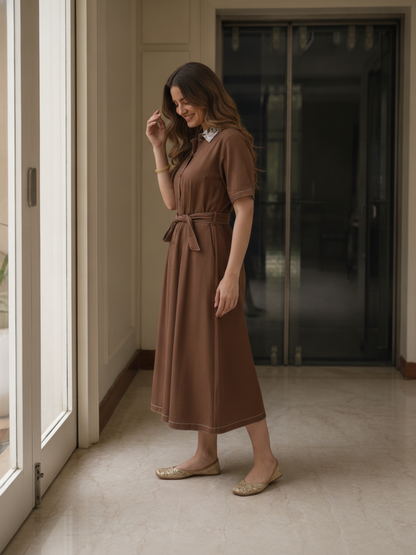Brown Solid Cotton Kaftan Style Maxi Dress with Floral Embroidery, Shirt Collar & Belt