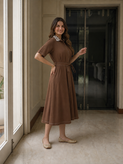 Brown Solid Cotton Kaftan Style Maxi Dress with Floral Embroidery, Shirt Collar & Belt