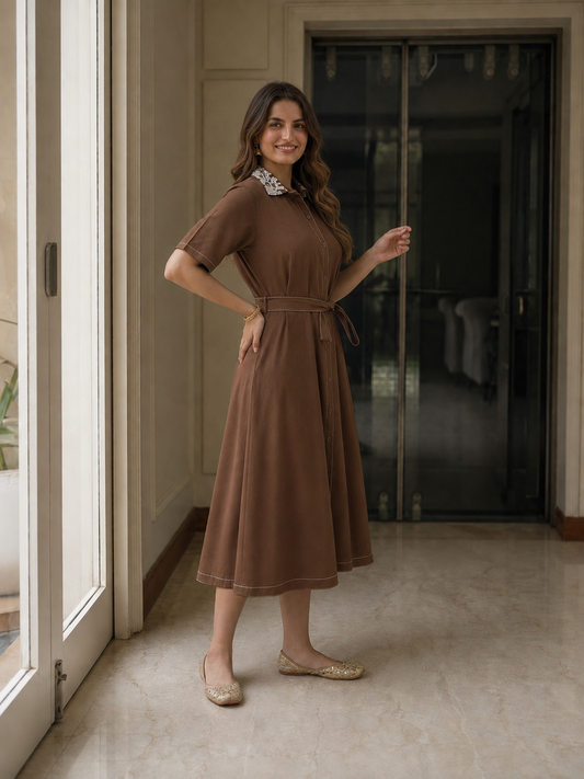 Brown Solid Cotton Kaftan Style Maxi Dress with Floral Embroidery, Shirt Collar & Belt