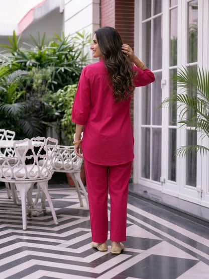 Fuchsia Solid Cotton Straight Kurta Co-ord Set with Mirror & Sequin Work, Shirt Collar & Palazzo