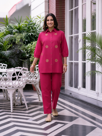 Fuchsia Solid Cotton Straight Kurta Co-ord Set with Mirror & Sequin Work, Shirt Collar & Palazzo