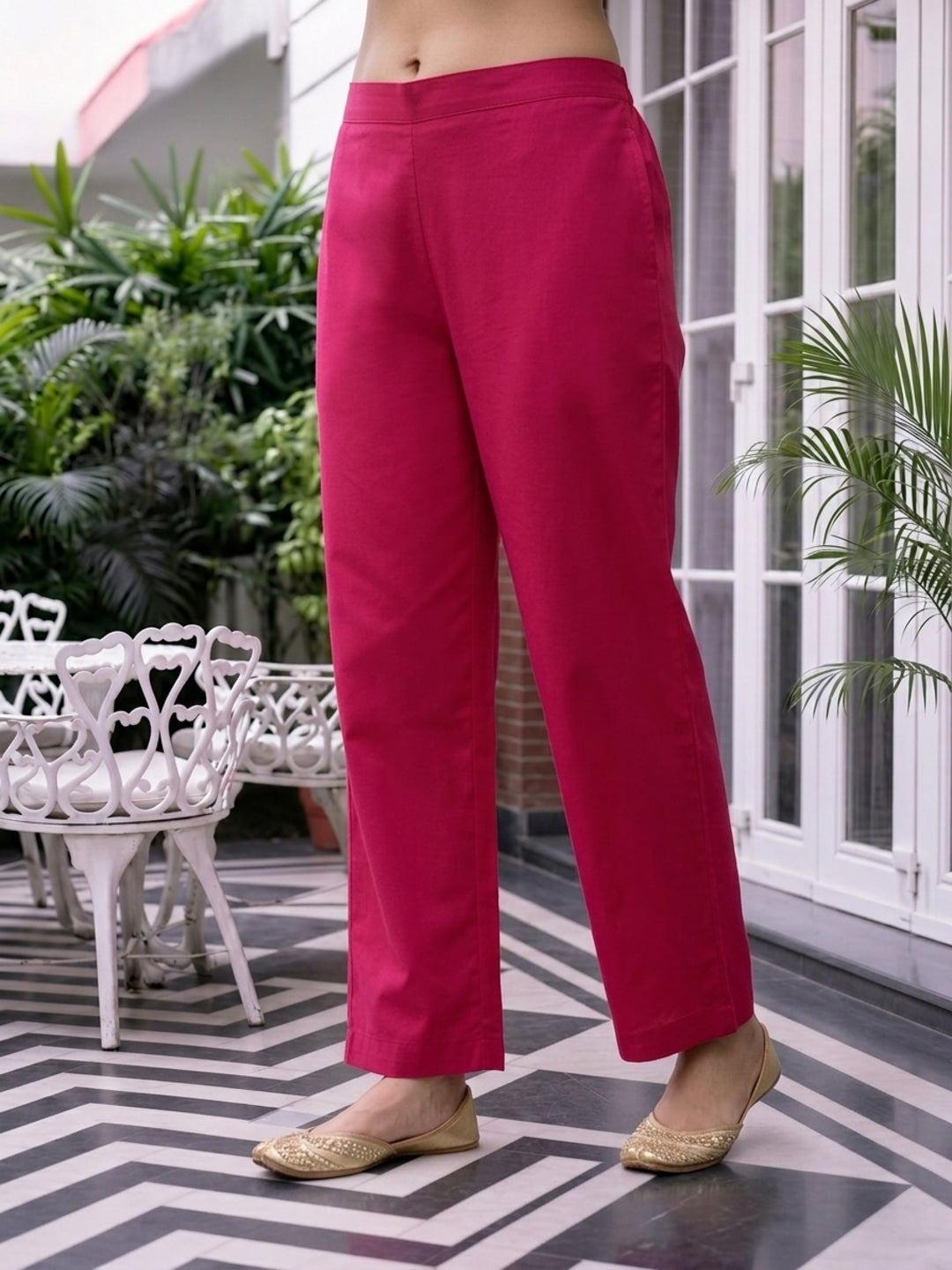 Fuchsia Solid Cotton Straight Kurta Co-ord Set with Mirror & Sequin Work, Shirt Collar & Palazzo