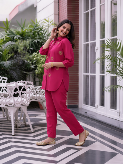Fuchsia Solid Cotton Straight Kurta Co-ord Set with Mirror & Sequin Work, Shirt Collar & Palazzo
