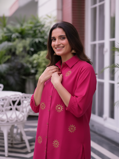 Fuchsia Solid Cotton Straight Kurta Co-ord Set with Mirror & Sequin Work, Shirt Collar & Palazzo