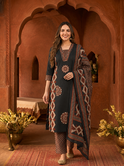 Black Ethnic Print Cotton A-Line Kurta Set with Mirror & Sequin Work, Printed Palazzo & Dupatta