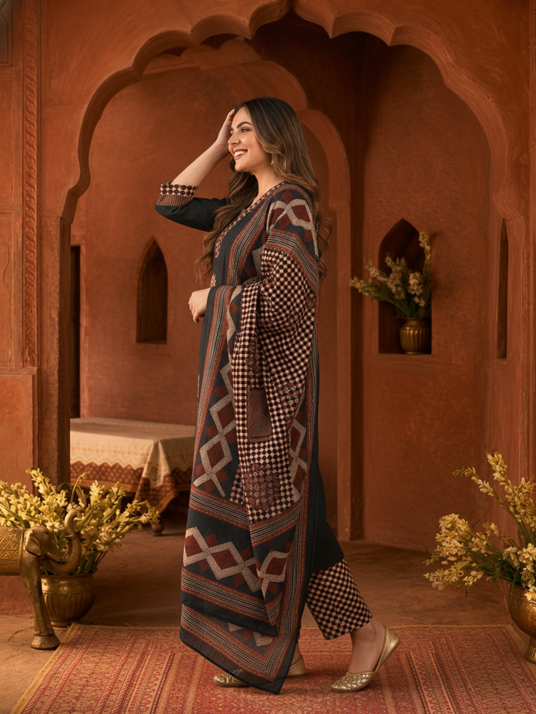 Black Ethnic Print Cotton A-Line Kurta Set with Mirror & Sequin Work, Printed Palazzo & Dupatta