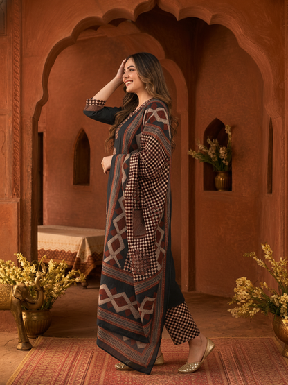 Black Ethnic Print Cotton A-Line Kurta Set with Mirror & Sequin Work, Printed Palazzo & Dupatta