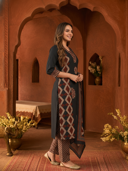 Black Ethnic Print Cotton A-Line Kurta Set with Mirror & Sequin Work, Printed Palazzo & Dupatta