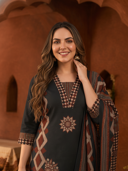Black Ethnic Print Cotton A-Line Kurta Set with Mirror & Sequin Work, Printed Palazzo & Dupatta