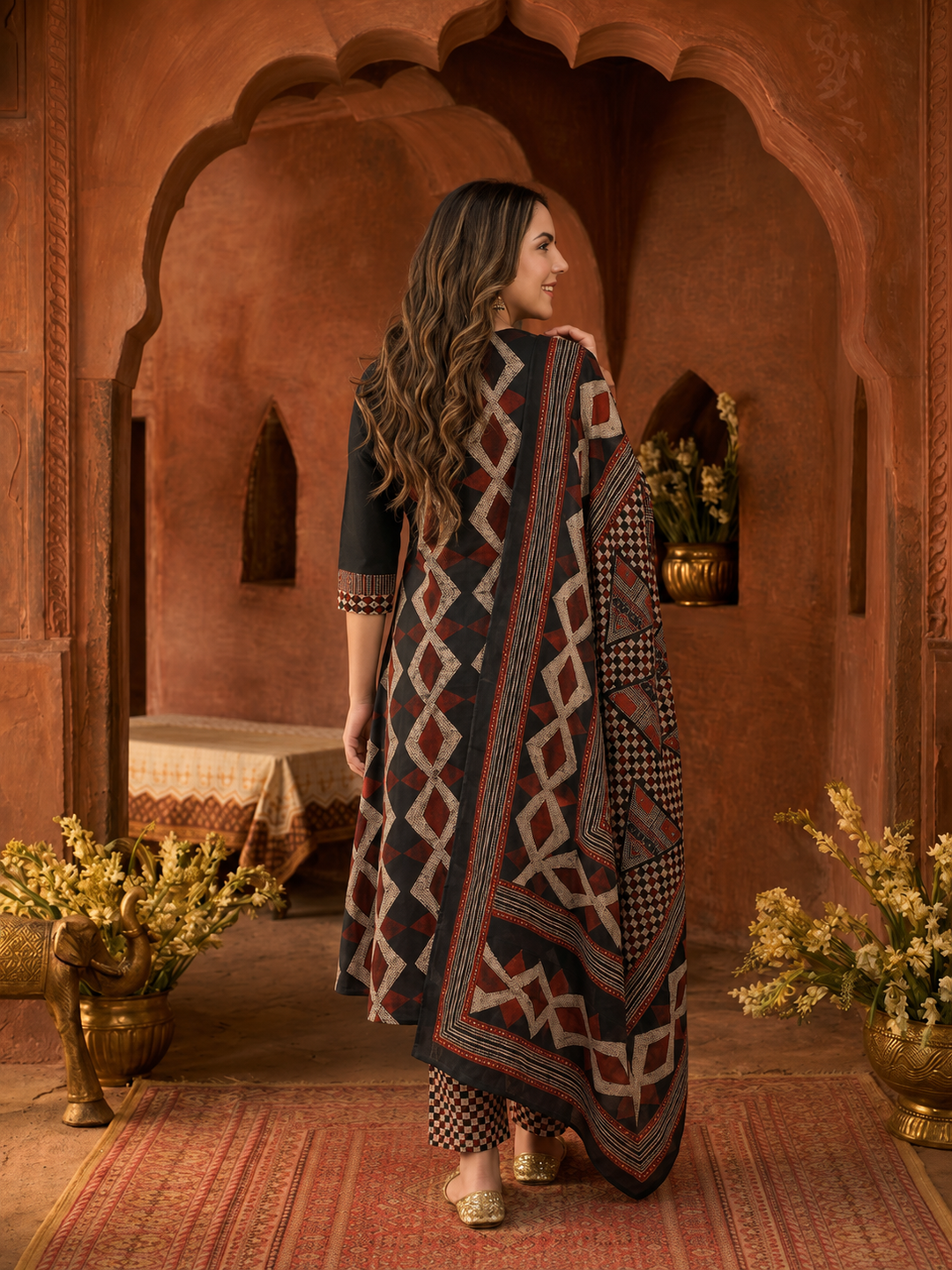 Black Ethnic Print Cotton A-Line Kurta Set with Mirror & Sequin Work, Printed Palazzo & Dupatta