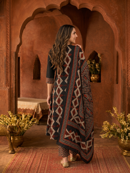 Black Ethnic Print Cotton A-Line Kurta Set with Mirror & Sequin Work, Printed Palazzo & Dupatta