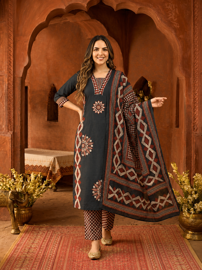 Black Ethnic Print Cotton A-Line Kurta Set with Mirror & Sequin Work, Printed Palazzo & Dupatta