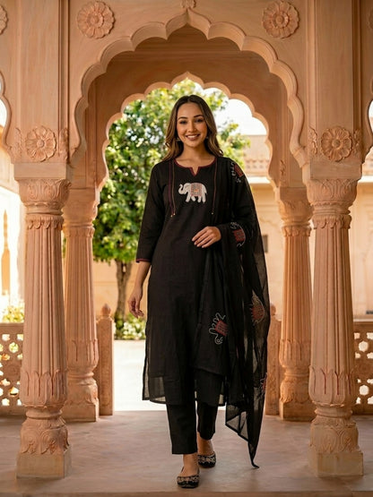 Black Solid Cotton A-Line Kurta Set with Elephant Patchwork, Palazzo & Dupatta