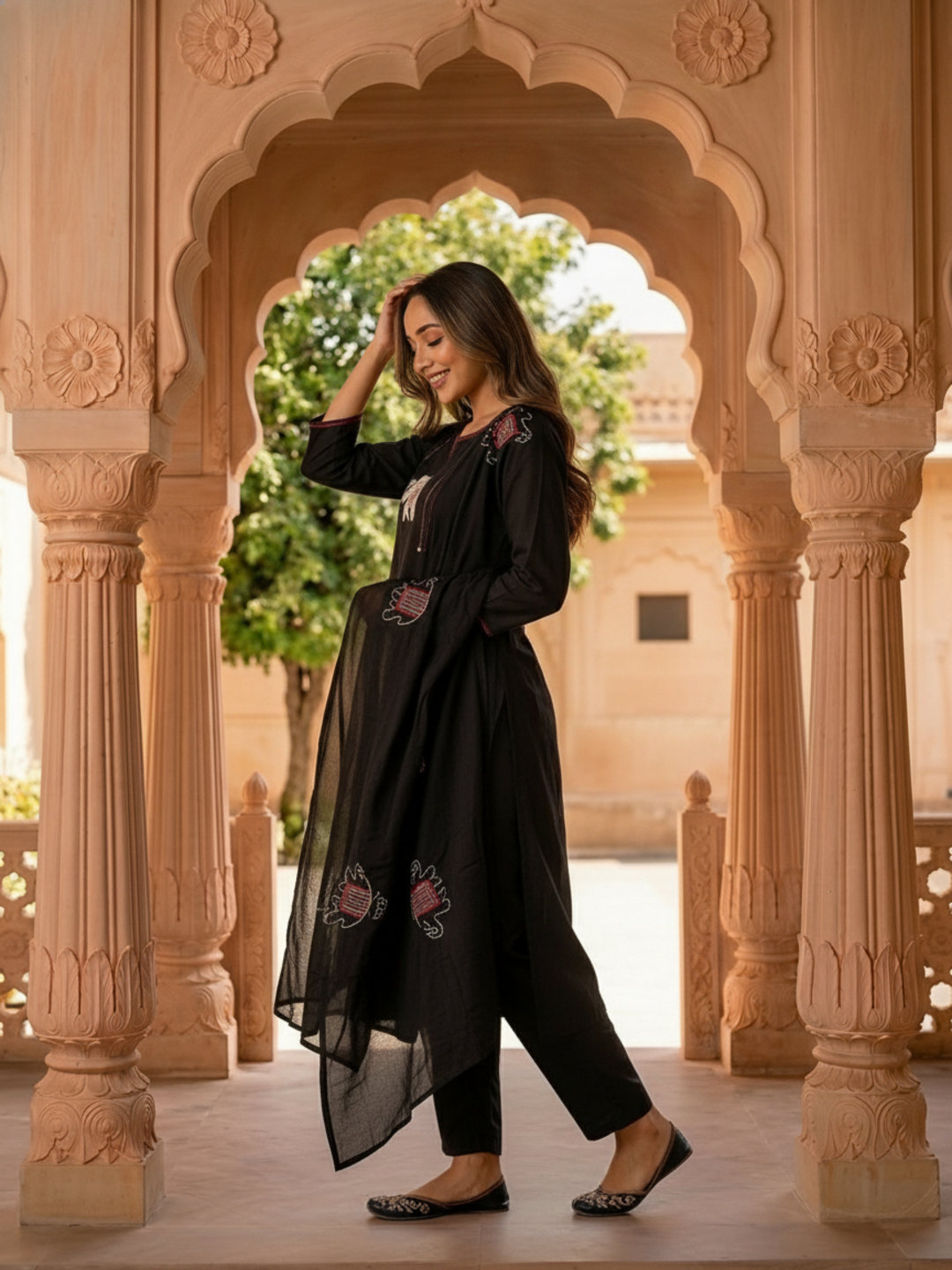 Black Solid Cotton A-Line Kurta Set with Elephant Patchwork, Palazzo & Dupatta