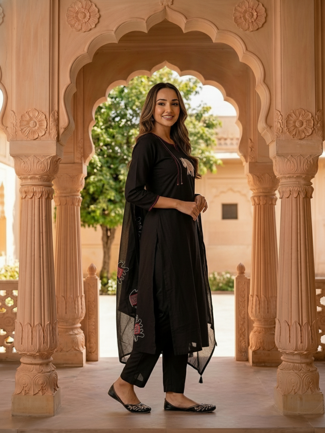 Black Solid Cotton A-Line Kurta Set with Elephant Patchwork, Palazzo & Dupatta
