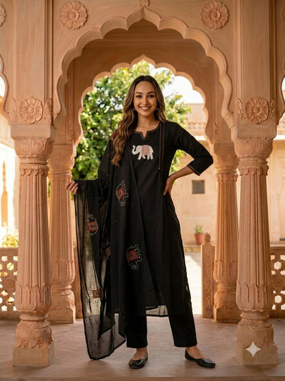 Black Solid Cotton A-Line Kurta Set with Elephant Patchwork, Palazzo & Dupatta