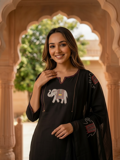 Black Solid Cotton A-Line Kurta Set with Elephant Patchwork, Palazzo & Dupatta