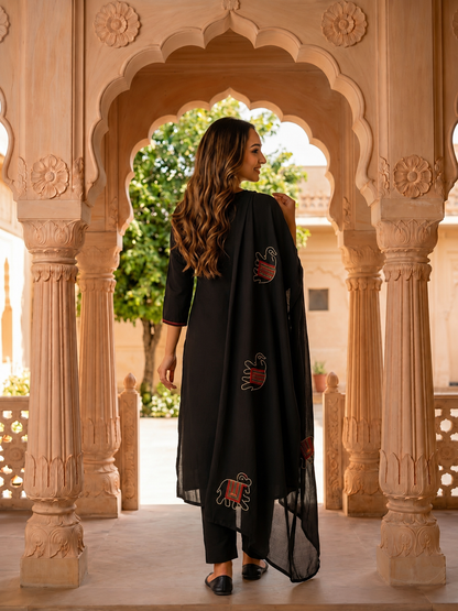Black Solid Cotton A-Line Kurta Set with Elephant Patchwork, Palazzo & Dupatta