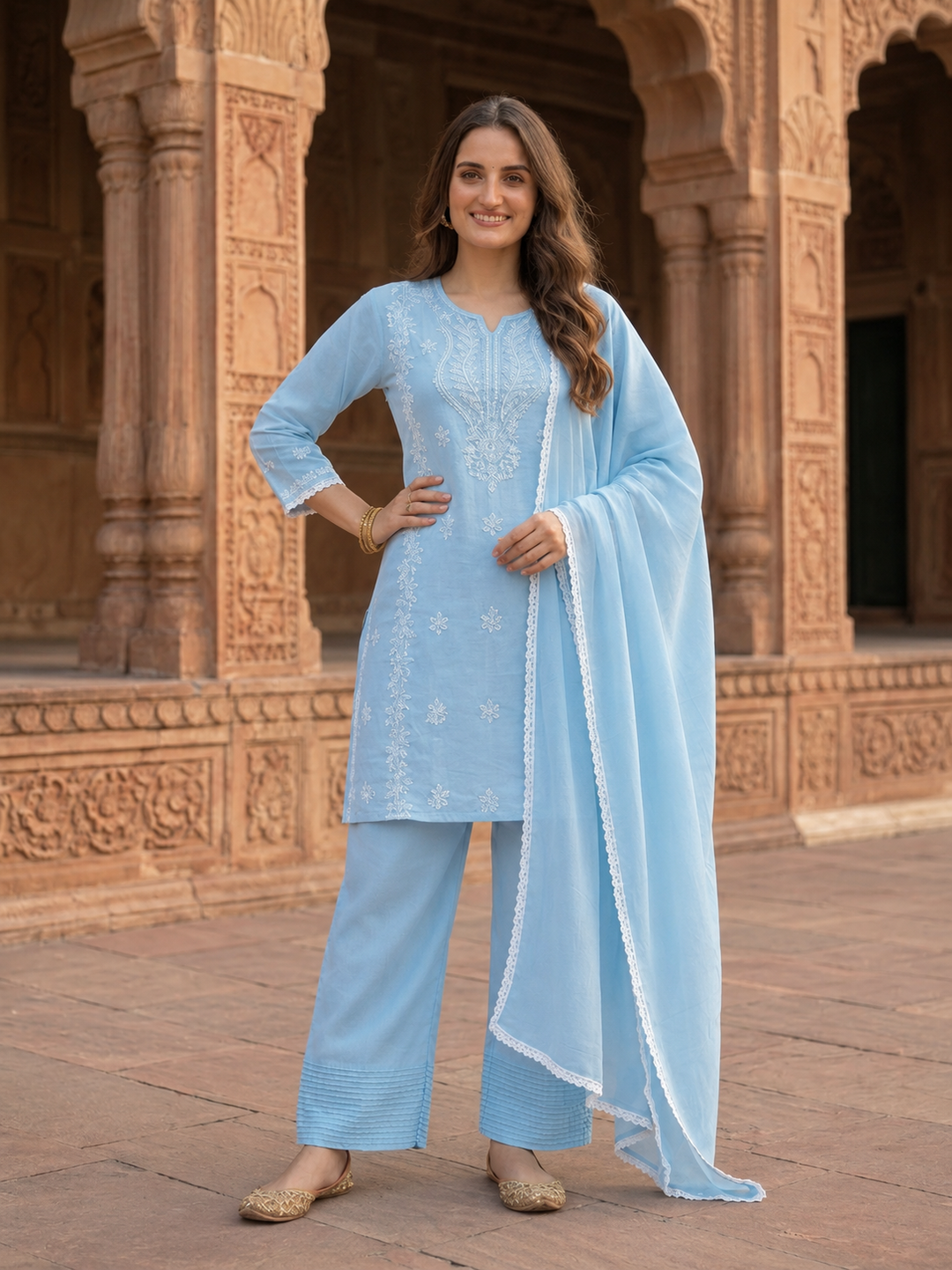 Sky Blue Solid Cotton Straight Kurta Set with Chikankari Embroidery, Farshi Salwar & Dupatta
