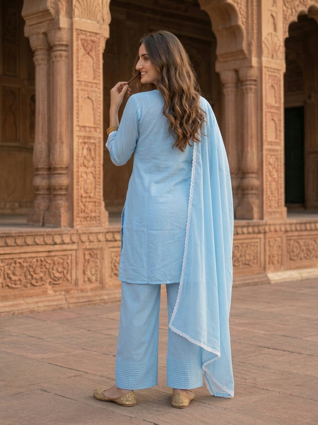 Sky Blue Solid Cotton Straight Kurta Set with Chikankari Embroidery, Farshi Salwar & Dupatta
