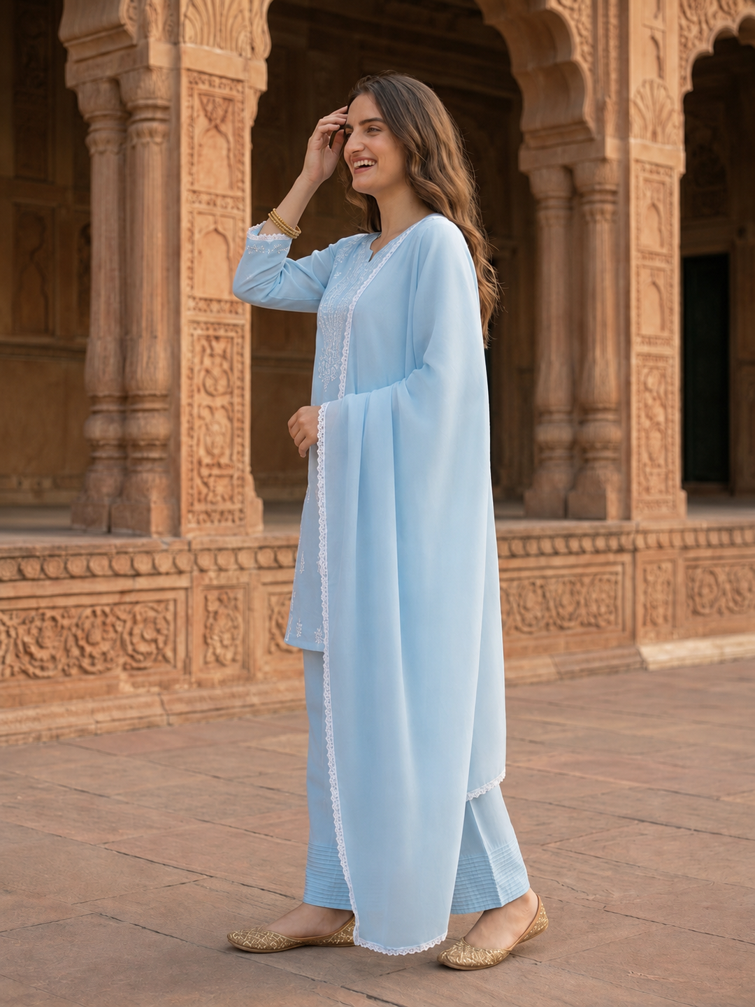 Sky Blue Solid Cotton Straight Kurta Set with Chikankari Embroidery, Farshi Salwar & Dupatta