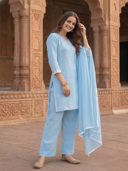 Sky Blue Solid Cotton Straight Kurta Set with Chikankari Embroidery, Farshi Salwar & Dupatta