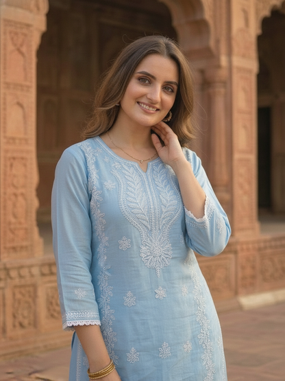 Sky Blue Solid Cotton Straight Kurta Set with Chikankari Embroidery, Farshi Salwar & Dupatta