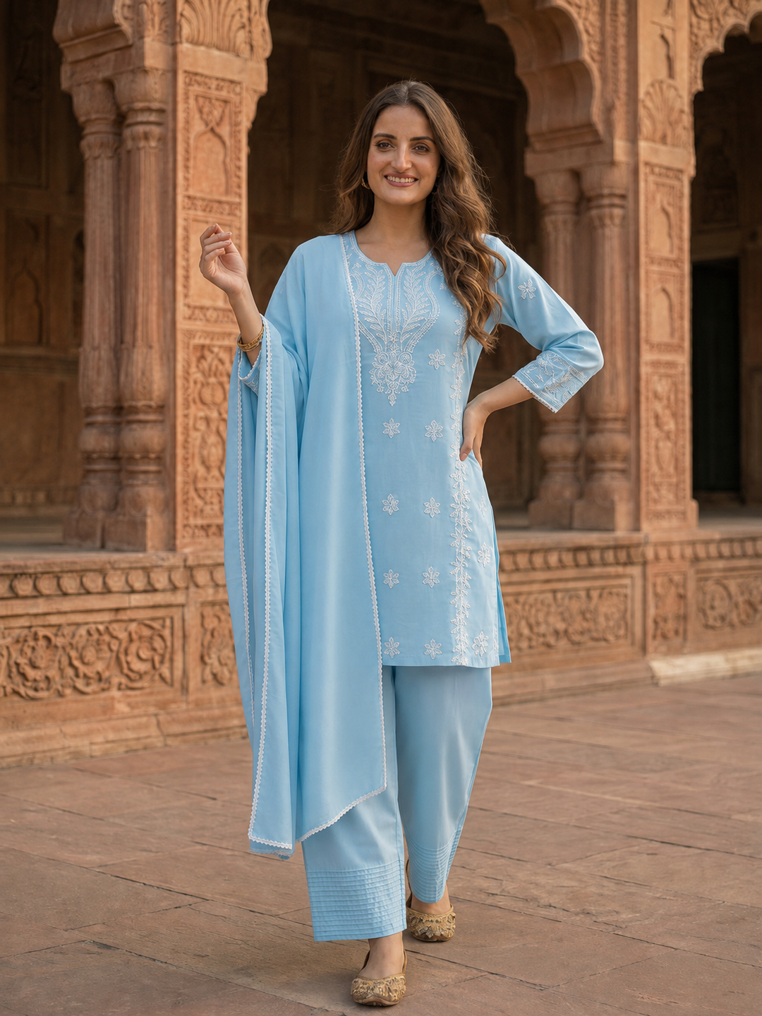 Sky Blue Solid Cotton Straight Kurta Set with Chikankari Embroidery, Farshi Salwar & Dupatta