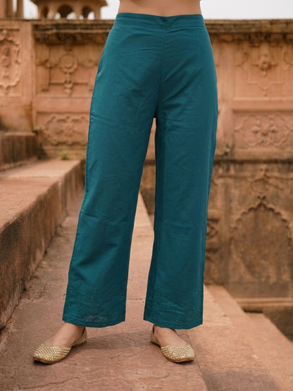 Teal Blue Solid Cotton Schiffli Straight Kurta Set with Sleeve Embroidery, Palazzo & Tassel Dupatta