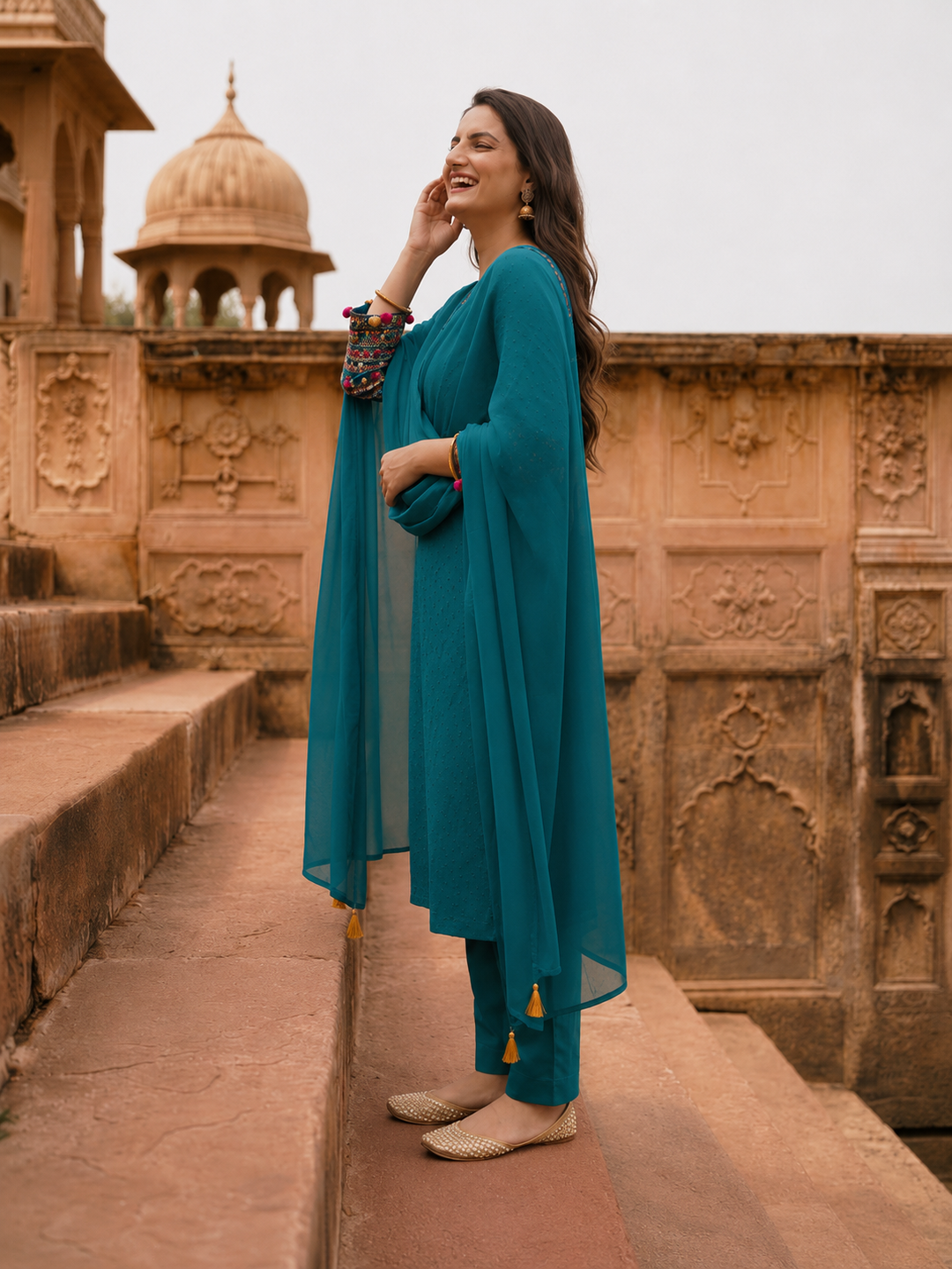 Teal Blue Solid Cotton Schiffli Straight Kurta Set with Sleeve Embroidery, Palazzo & Tassel Dupatta