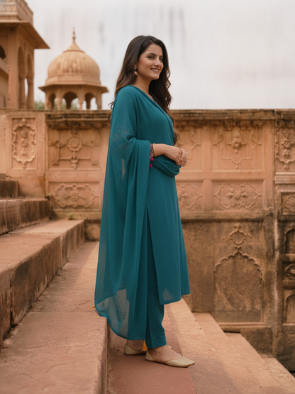 Teal Blue Solid Cotton Schiffli Straight Kurta Set with Sleeve Embroidery, Palazzo & Tassel Dupatta