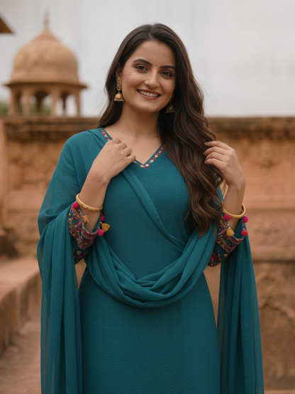 Teal Blue Solid Cotton Schiffli Straight Kurta Set with Sleeve Embroidery, Palazzo & Tassel Dupatta