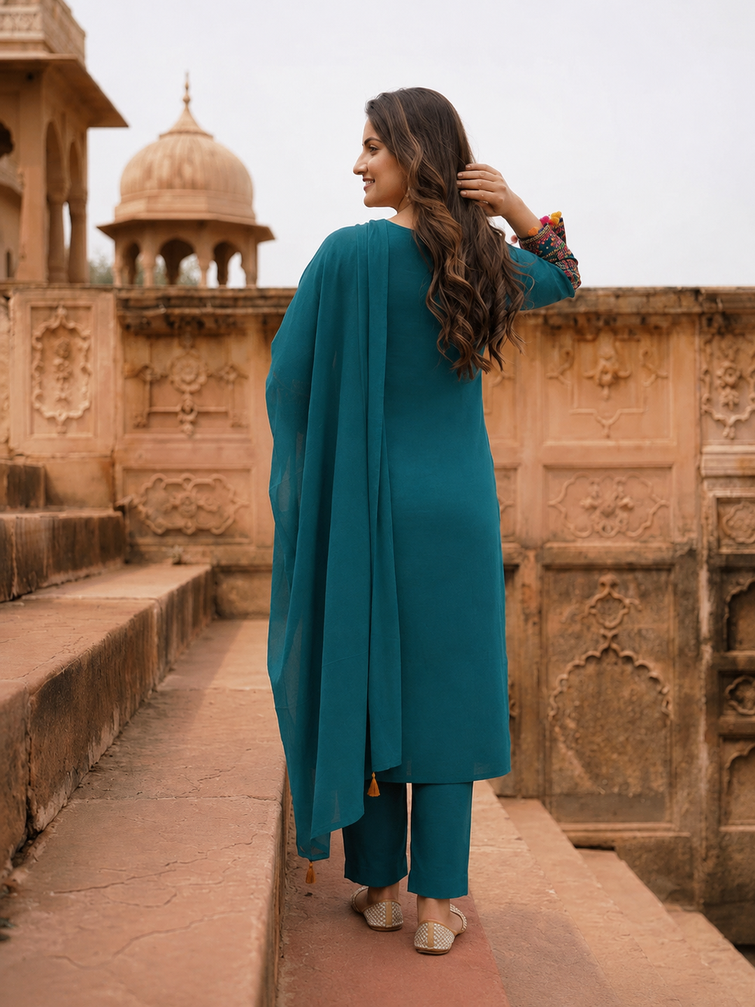 Teal Blue Solid Cotton Schiffli Straight Kurta Set with Sleeve Embroidery, Palazzo & Tassel Dupatta