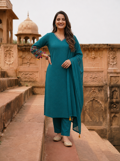 Teal Blue Solid Cotton Schiffli Straight Kurta Set with Sleeve Embroidery, Palazzo & Tassel Dupatta