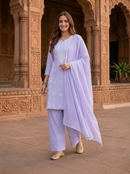Lavender Solid Cotton Straight Kurta Set with Chikankari Embroidery, Farshi Salwar & Dupatta