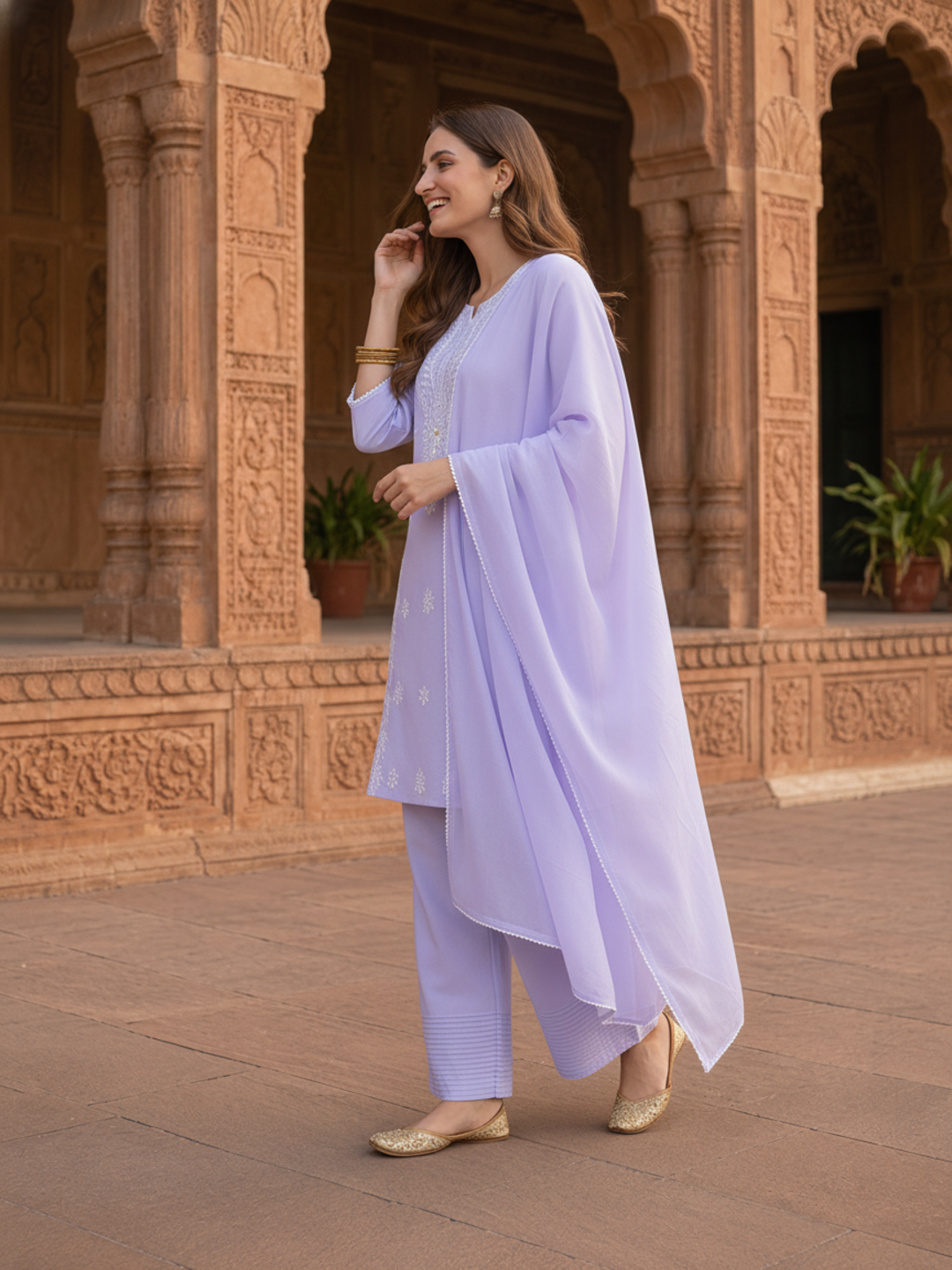 Lavender Solid Cotton Straight Kurta Set with Chikankari Embroidery, Farshi Salwar & Dupatta