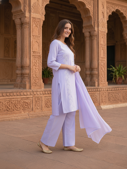Lavender Solid Cotton Straight Kurta Set with Chikankari Embroidery, Farshi Salwar & Dupatta